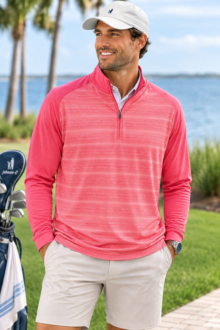 johnnie-O Bert 1/4 Zip Pullover Men XL Taffy Pink Striped Golf Performance
